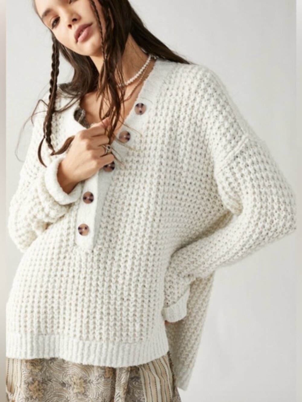Free People Whistle Thermal Oversized Henley Knit Top in White and Cream-Size M